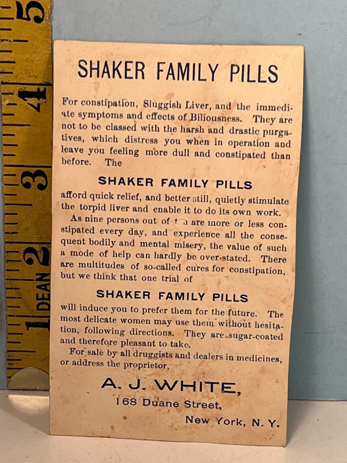 1800's Shaker Family Pills- A. J. White proprietor- Trade Card