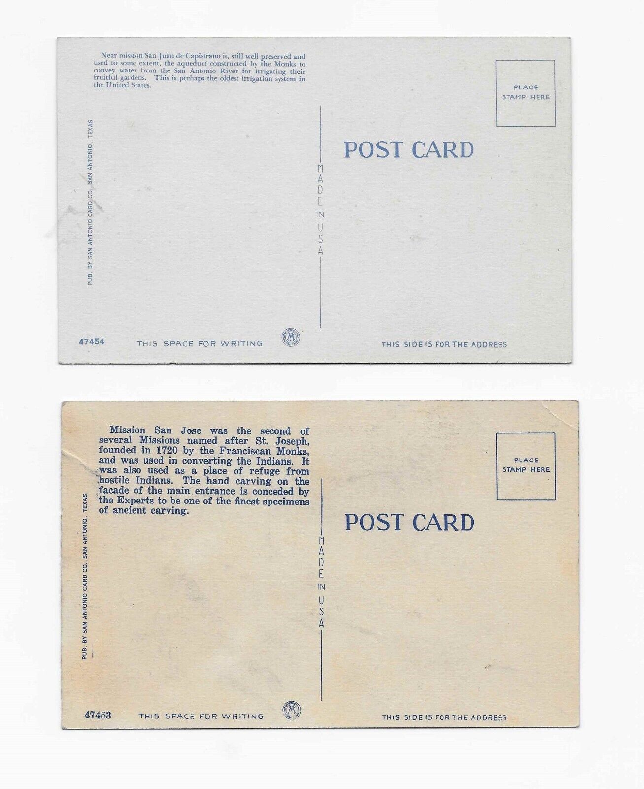 Lot of 2 Vintage Postcards ** MISSIONS IN SAN ANTONIO TEXAS * BUILT IN 1700's