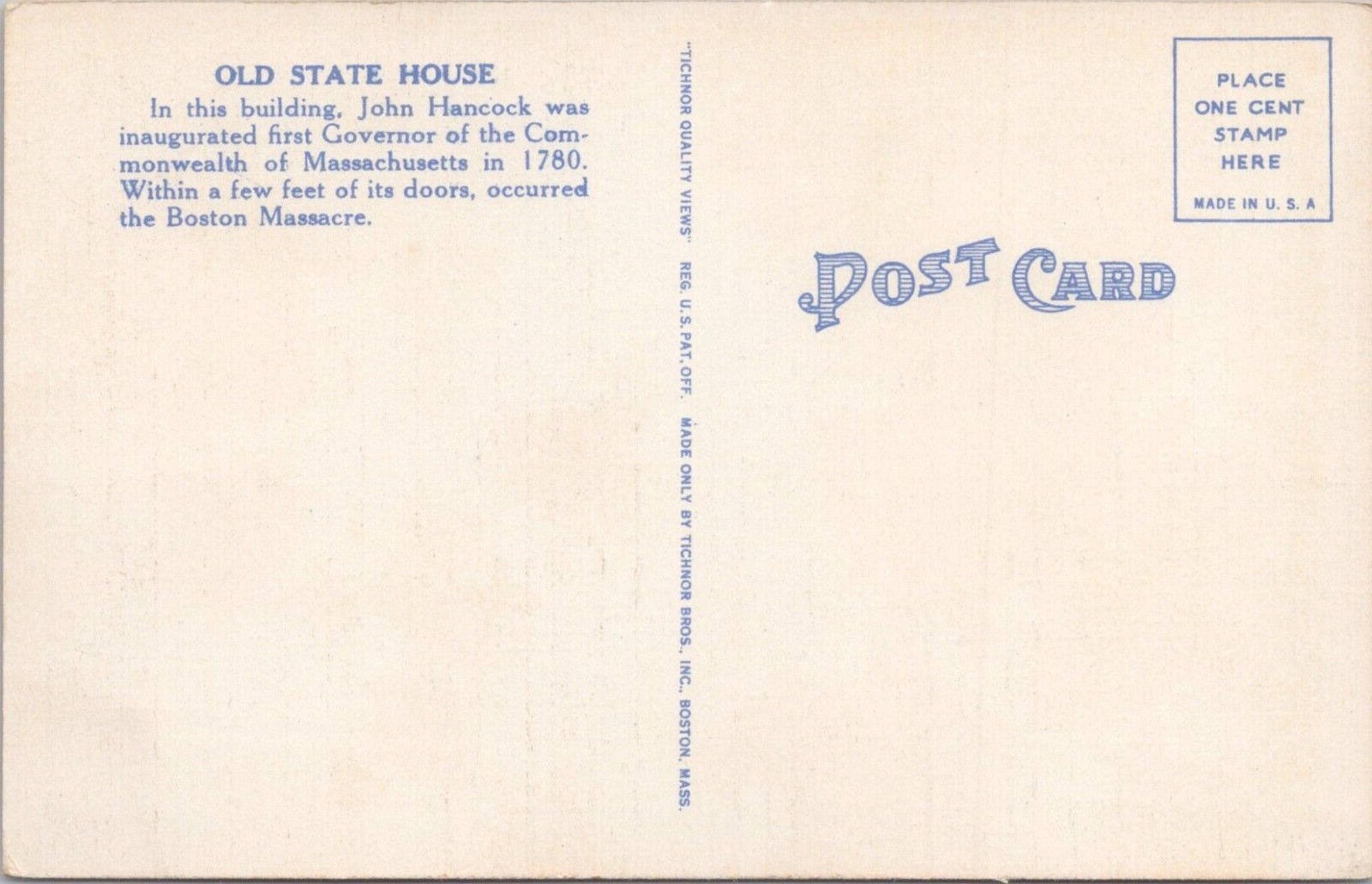 Linen PC * Historic State House Built in early 1700s Boston Massachusetts 1940s