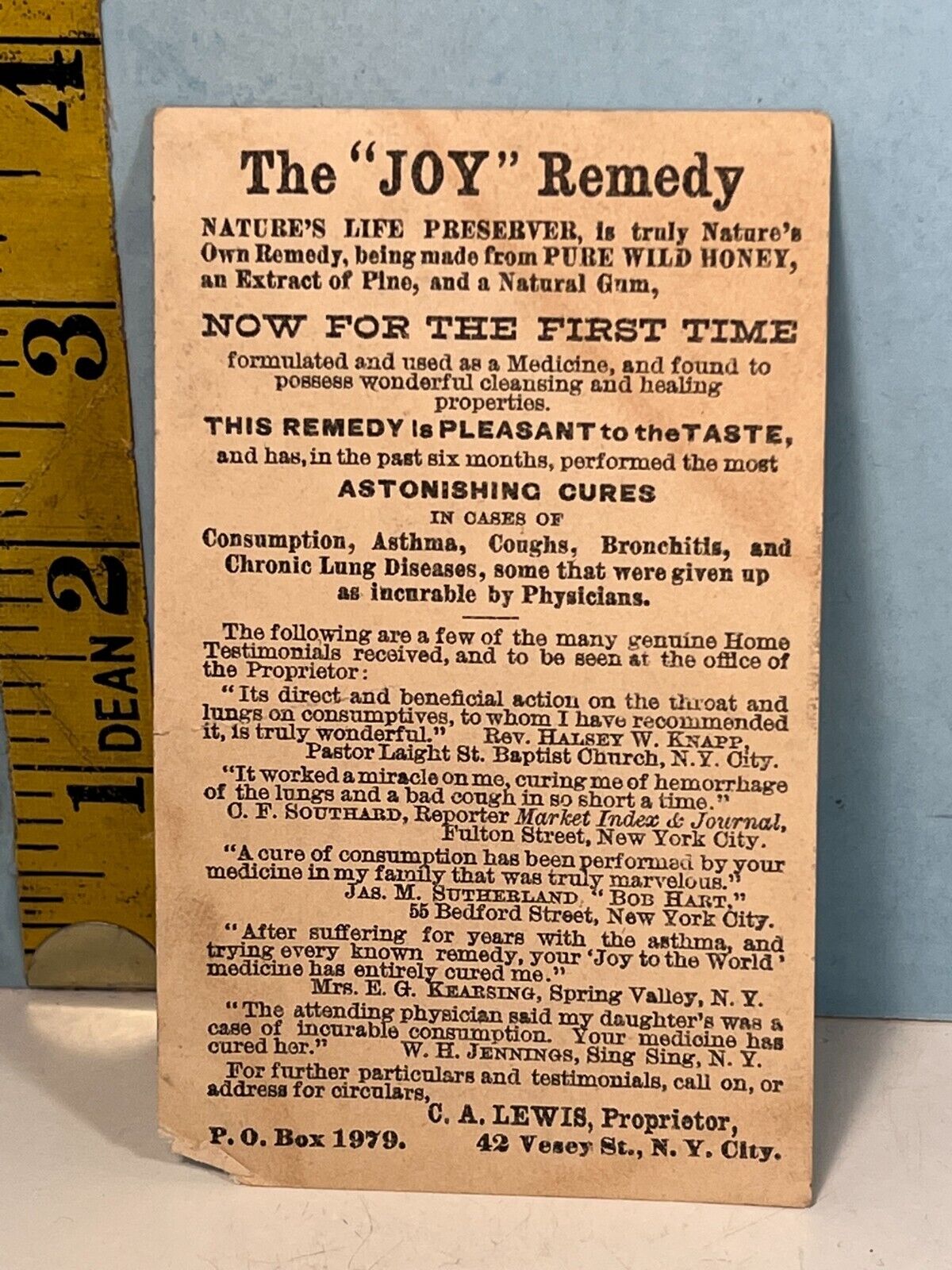 1800's The Joy Remedy "Joy to the World: Remedy trade Card