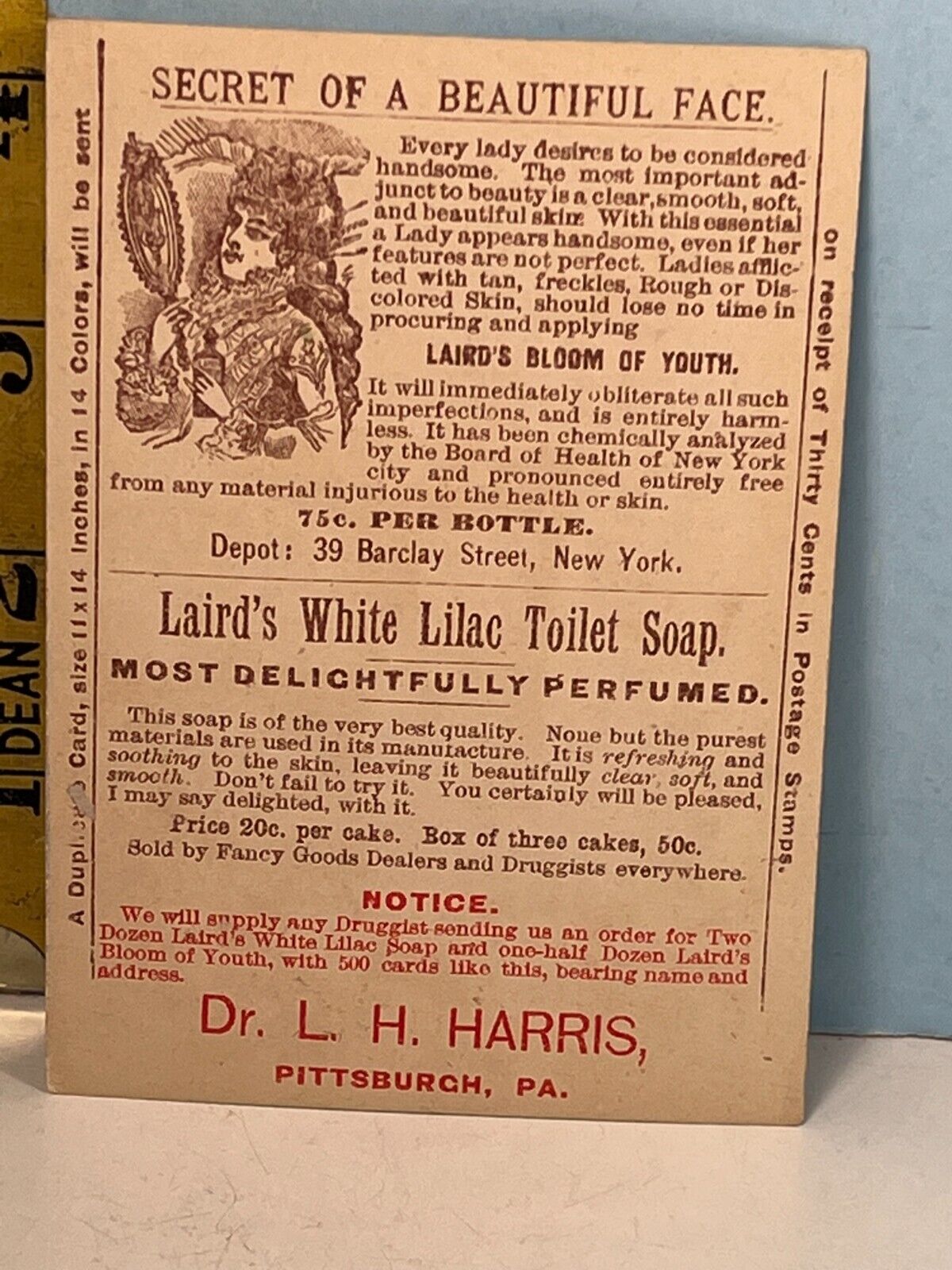 1800's Laird's Bloom or Youth & White Lilac Soap Sales Trade card .
