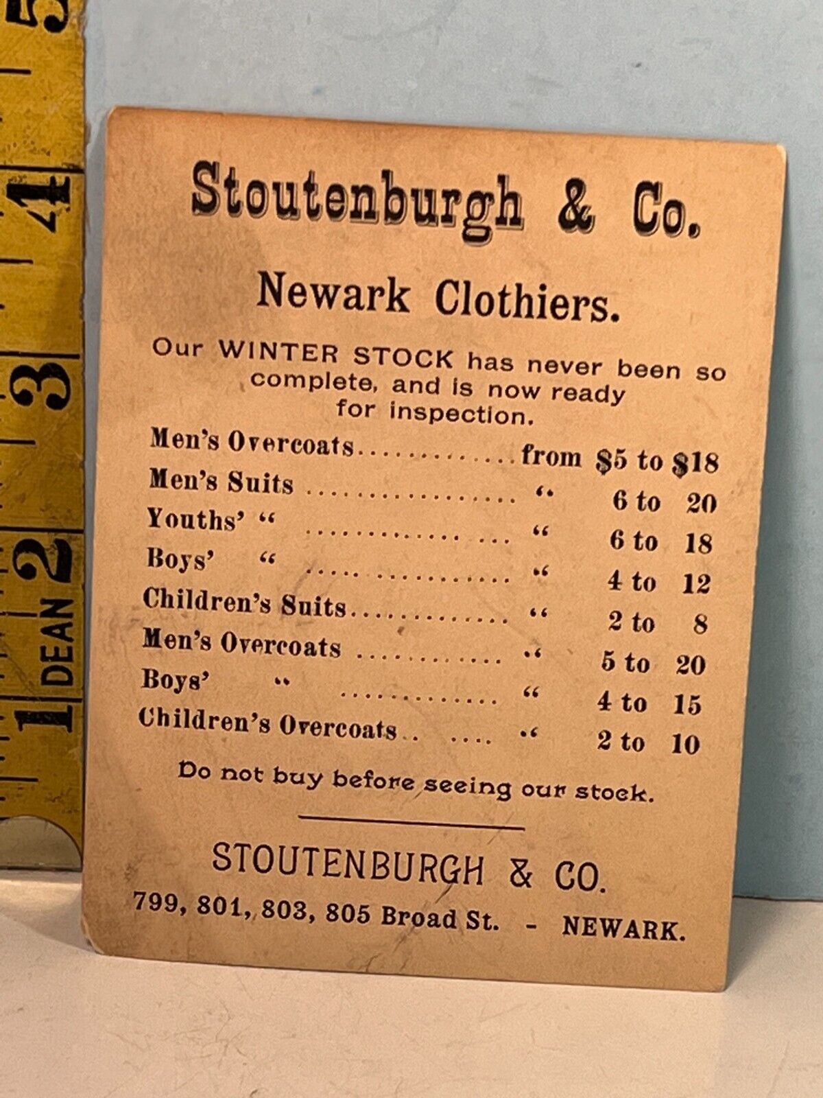 1800's Stoutenburg & C. Newark Clothiers Trade Card w/price list on back