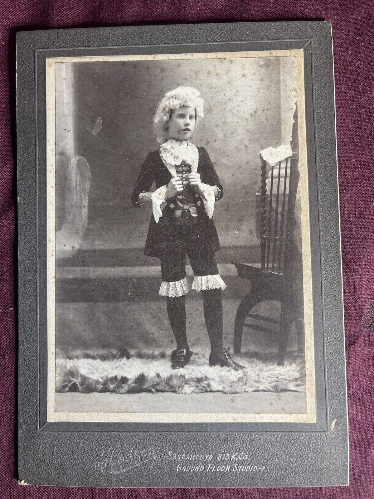 Antique Cabinet Card Boy Dressed In White Wig 1700s Costume Sacramento CA 1870s
