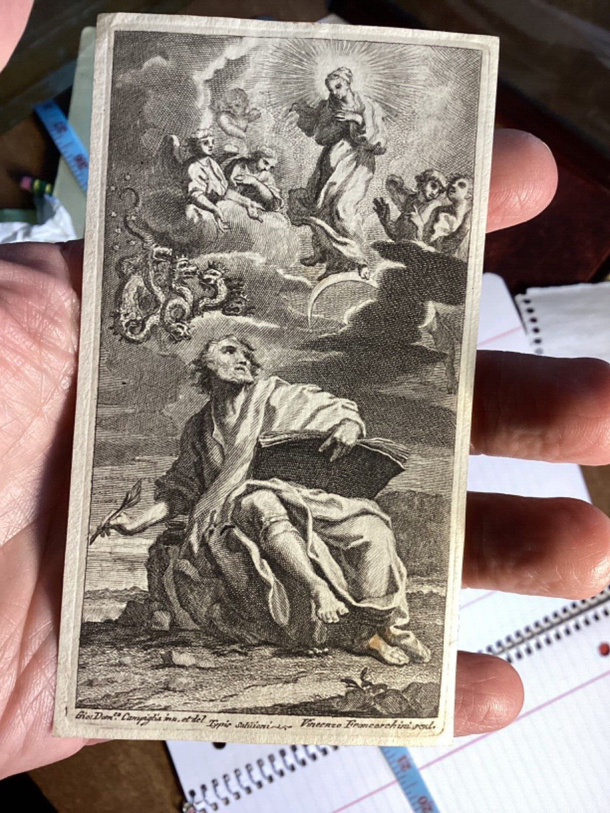 Antique Religious Print 1700’s St. John Virgin Apocalypse holy card