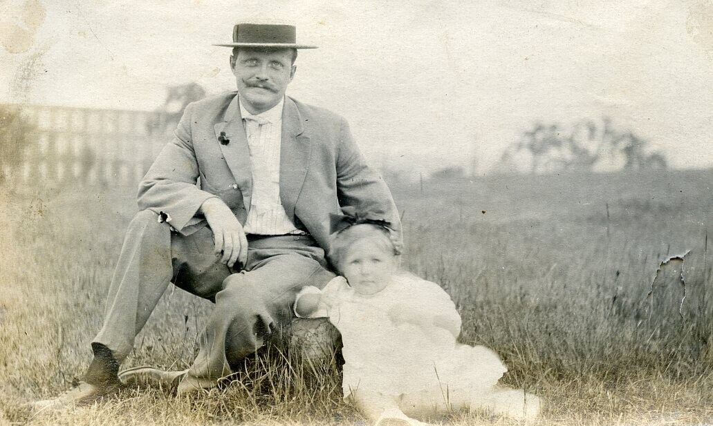 P215 Original Vintage Photo MUSTACHE MAN WITH BABY IN FIELD, OHIO c Early 1900's