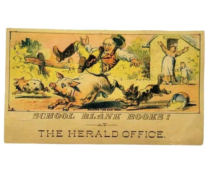 1800s Riding the Pigs The Herald Office School Books Ad Trade Card