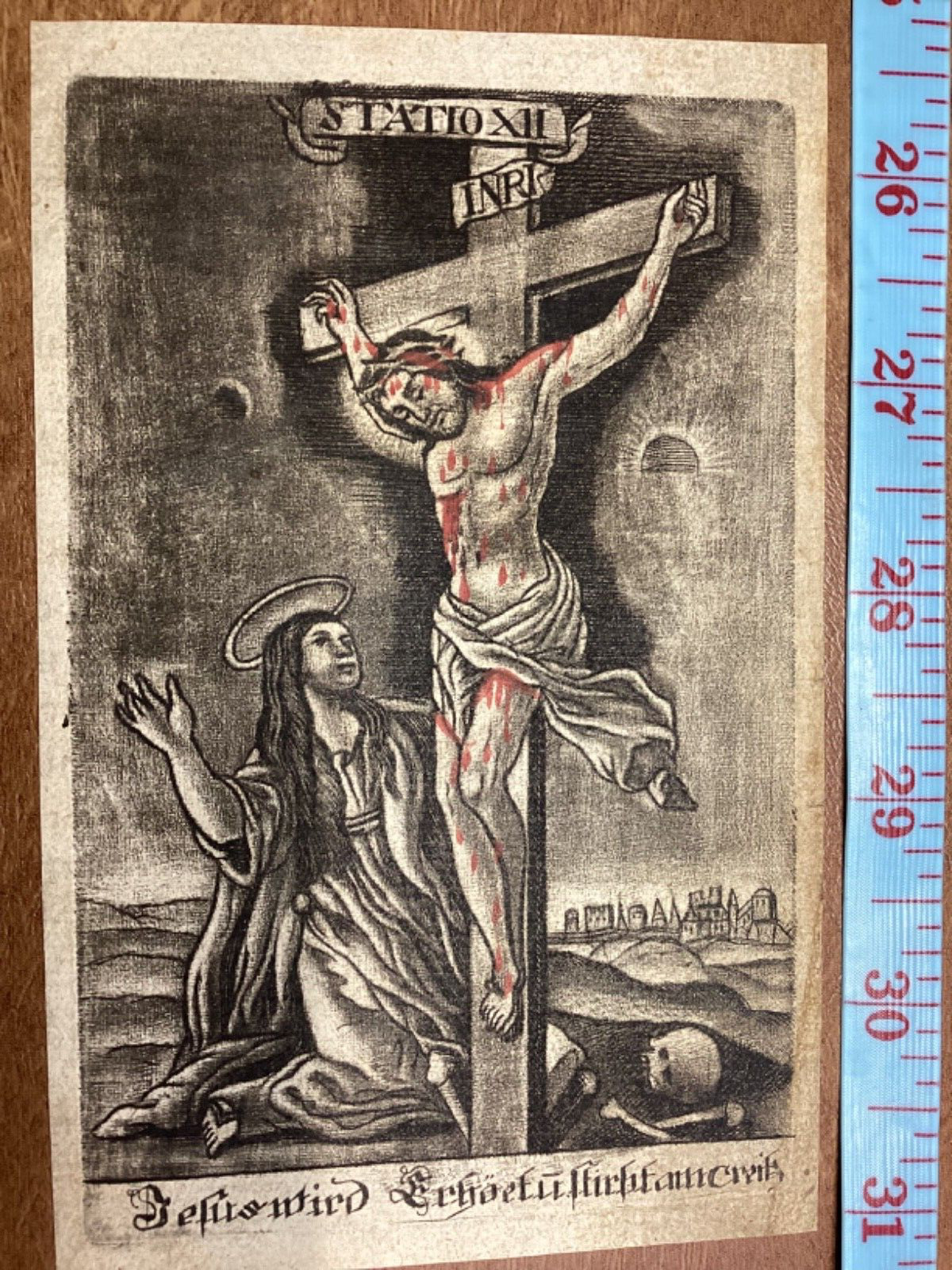 Antique Religious Print 1700’s Christ Cross Mary Magdalen Holy Card