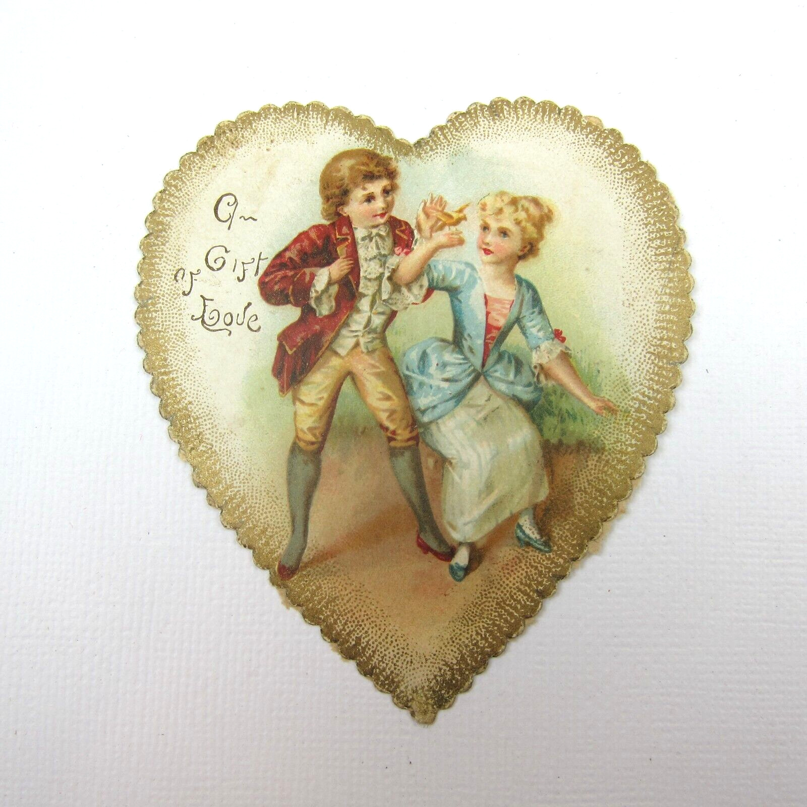 Valentine Card Heart Ephemera Boy Girl Antique 1700s Fashion Red Coat Blue Dress