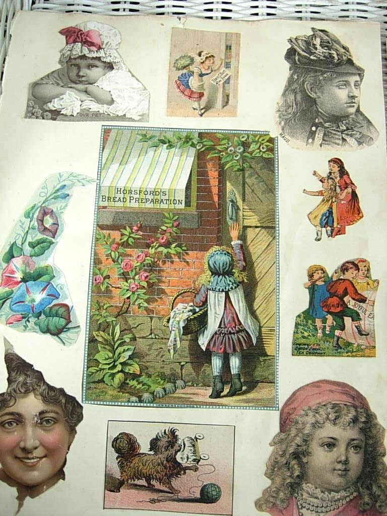 Trade Cards on Victorian Scrapbook 1800s Four Album Pages, Calling Cards