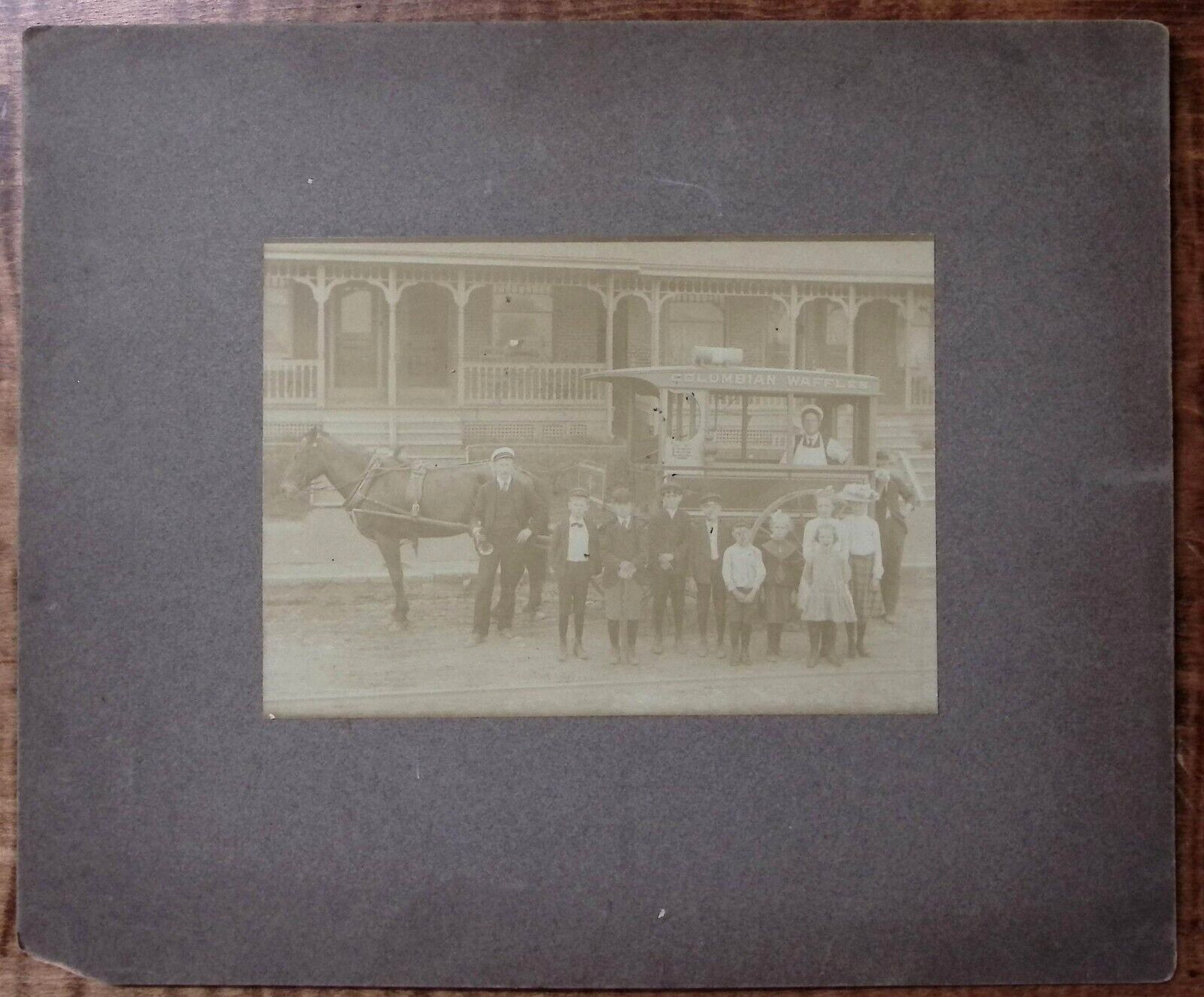c1900 STREET VENDOR HORSE FOOD WAGON SELLING COLUMBIAN WAFFLES PHOTOGRAPH  W98