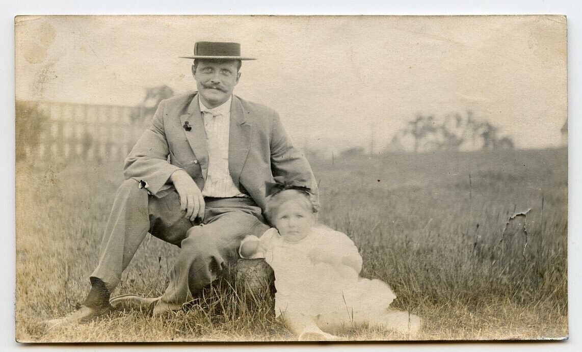 P215 Original Vintage Photo MUSTACHE MAN WITH BABY IN FIELD, OHIO c Early 1900's