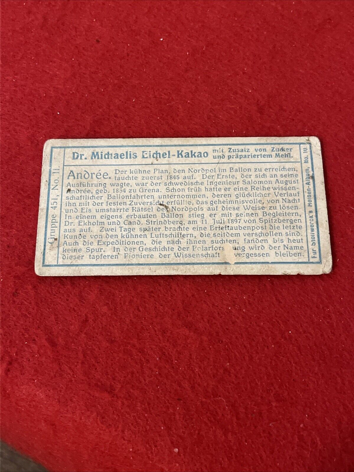 1800s Era Stollwerck S. A. ANDREE (balloon explorer) Trade Card No. 11 G Overall