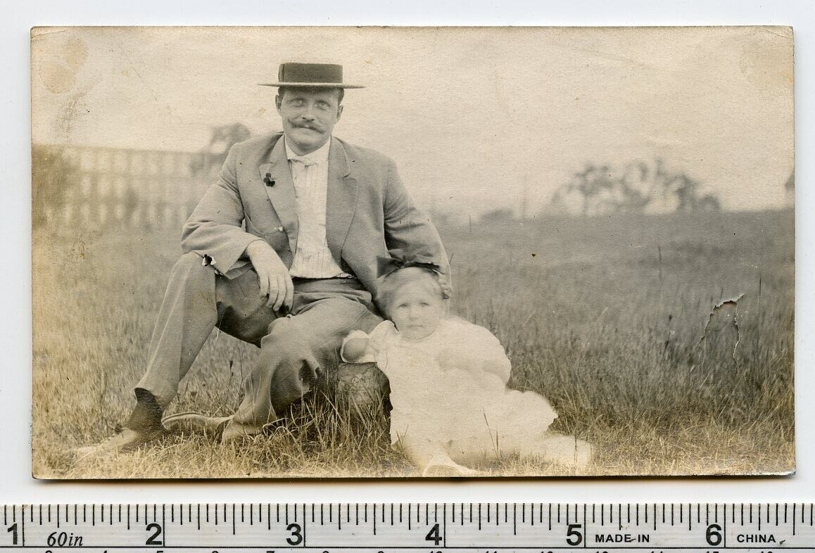 P215 Original Vintage Photo MUSTACHE MAN WITH BABY IN FIELD, OHIO c Early 1900's