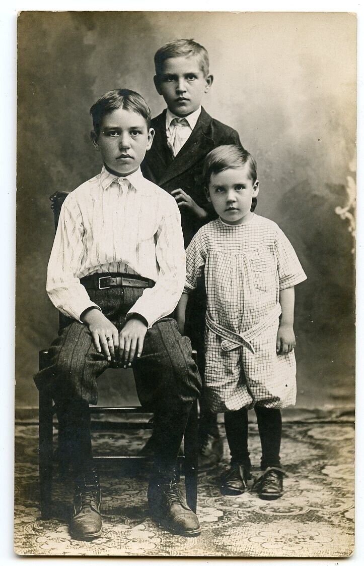 BT61 Original Vtg Photo THREE CHILDREN RPPC c Early 1900's