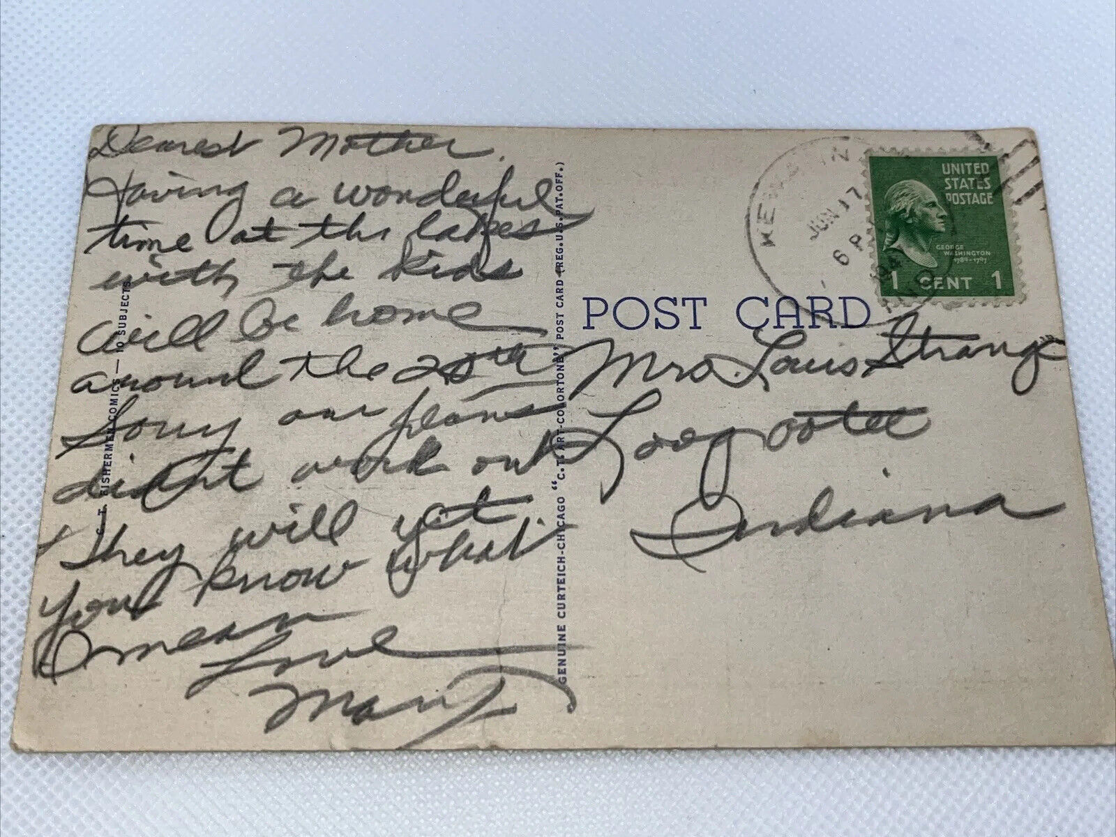 VINTAGE Fishing Postcard With  1 CENT WASHINGTON U.S. POSTAGE STAMP Cancel 1947