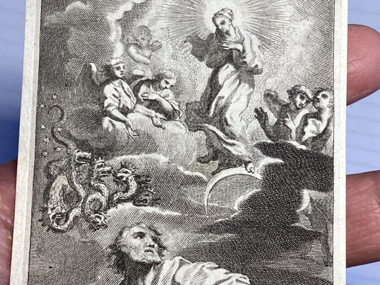 Antique Religious Print 1700’s St. John Virgin Apocalypse holy card