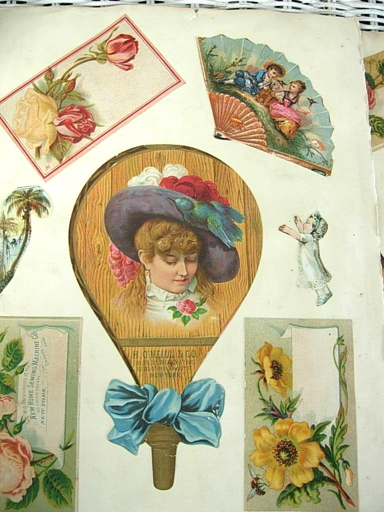 Trade Cards on Victorian Scrapbook 1800s Four Album Pages, Calling Cards