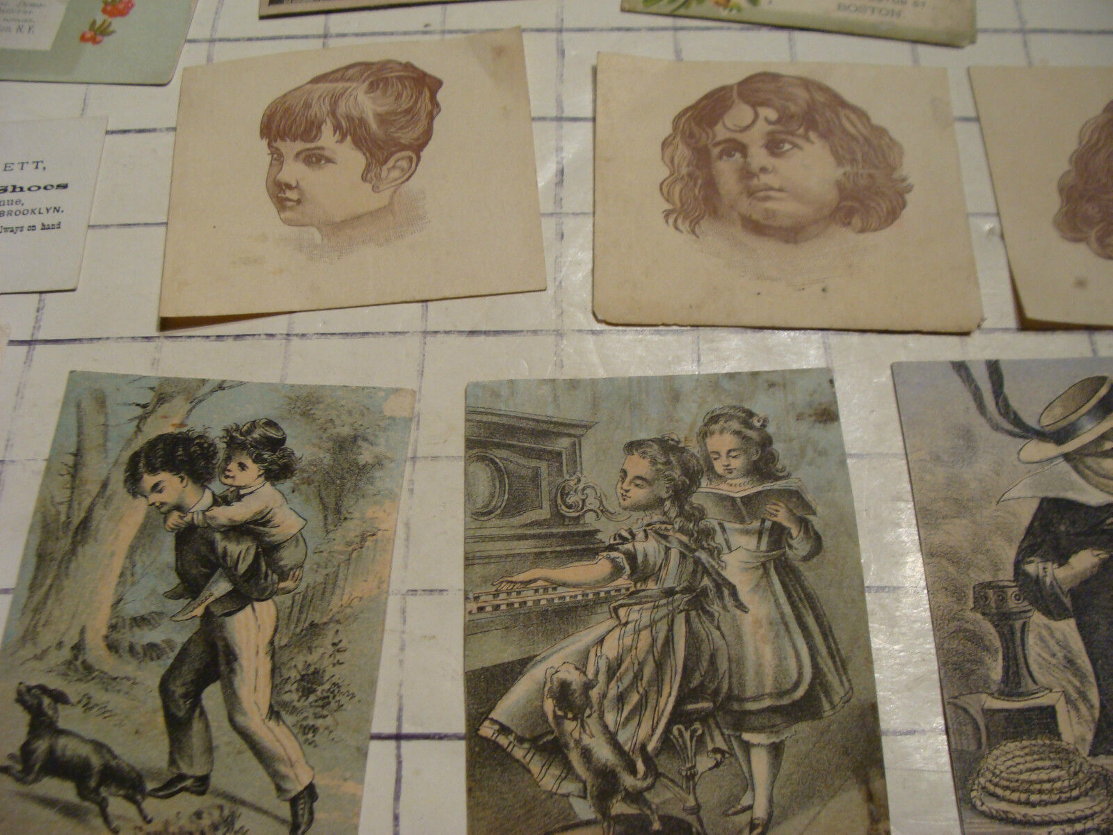 12 vintage 1800's misc papers, faces, trade cards, figures, card neat
