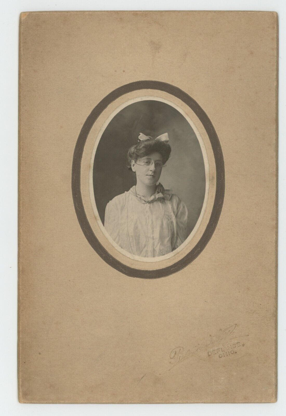 Antique c1900s Cabinet Card Beautiful Woman Wearing Bow & Glasses Defiance, OH