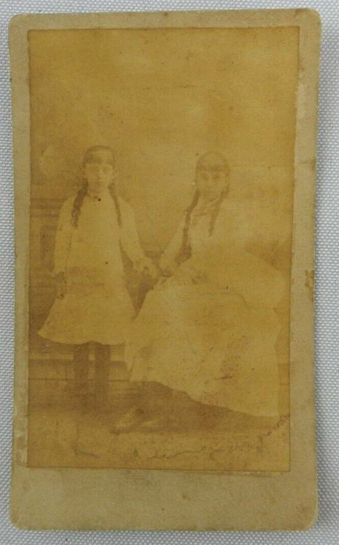 Two Young Girls with Ponytails in Dresses Portrait - c.1900s Cabinet Card