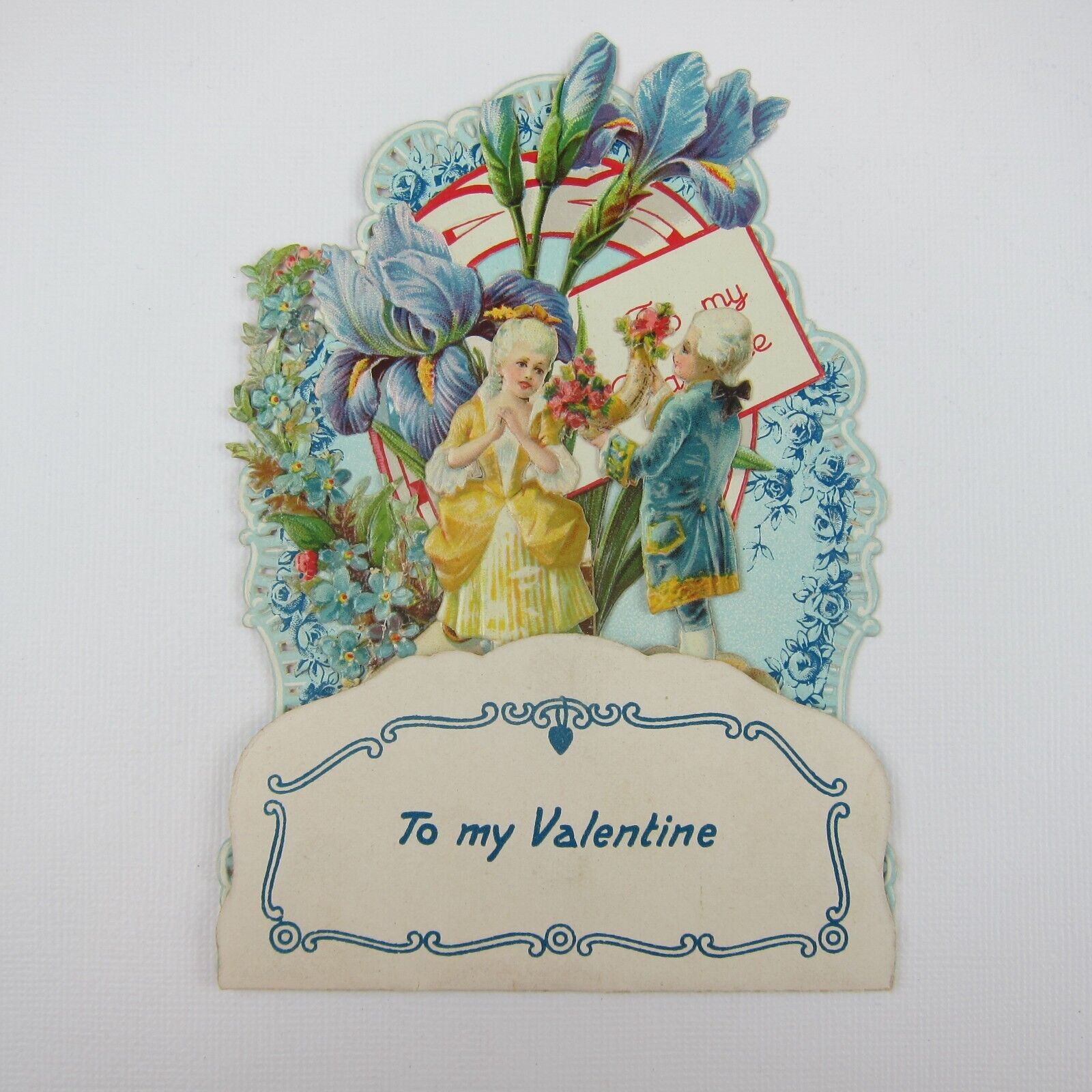 Vintage Valentine 3D Pop Up Die Cut Boy & Girl 1700s Wigs & Dress Blue Flowers