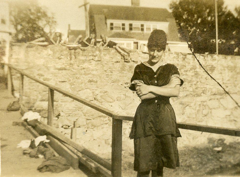 N678 Vtg Photo YOUNG WOMAN, PATH OF CLOTHES SUN BATHERS c Early 1900's