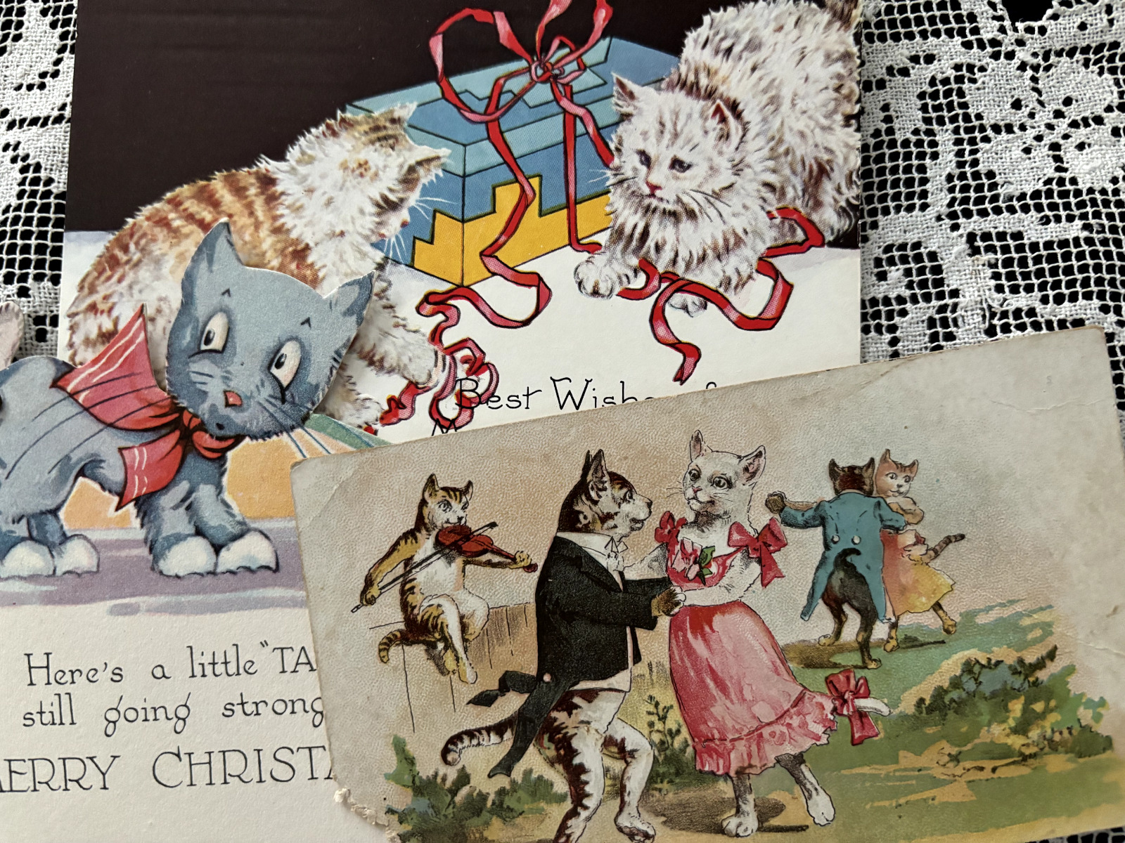 CATS Kitten 1800s Antique Victorian Die Cut Greeting Card Scrap Lot 3 Christmas