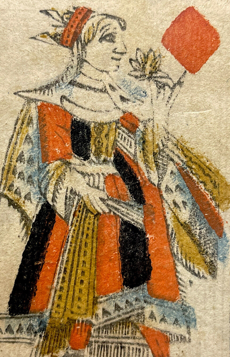 XVIII Century Queen Court Antique Playing Cards Historic Woodblock Rare Single