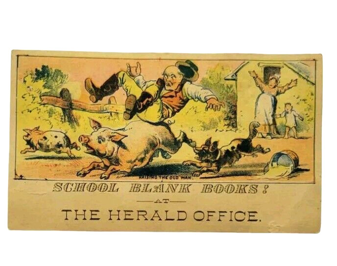 1800s Riding the Pigs The Herald Office School Books Ad Trade Card