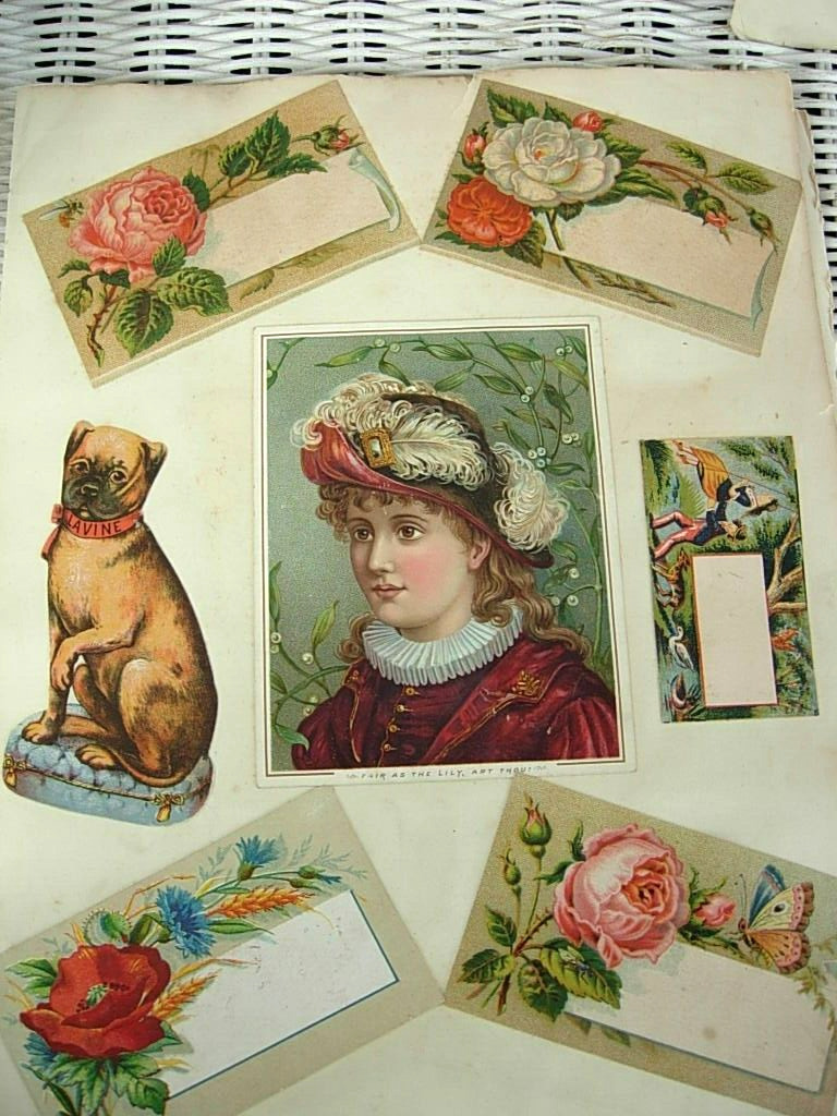 Trade Cards on Victorian Scrapbook 1800s Four Album Pages, Calling Cards