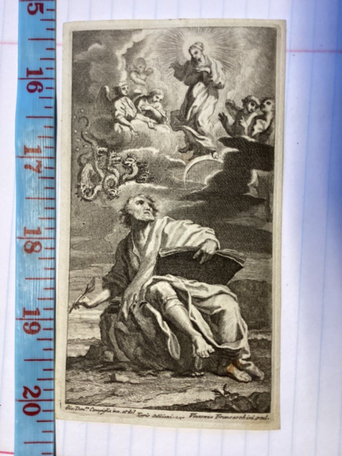 Antique Religious Print 1700’s St. John Virgin Apocalypse holy card
