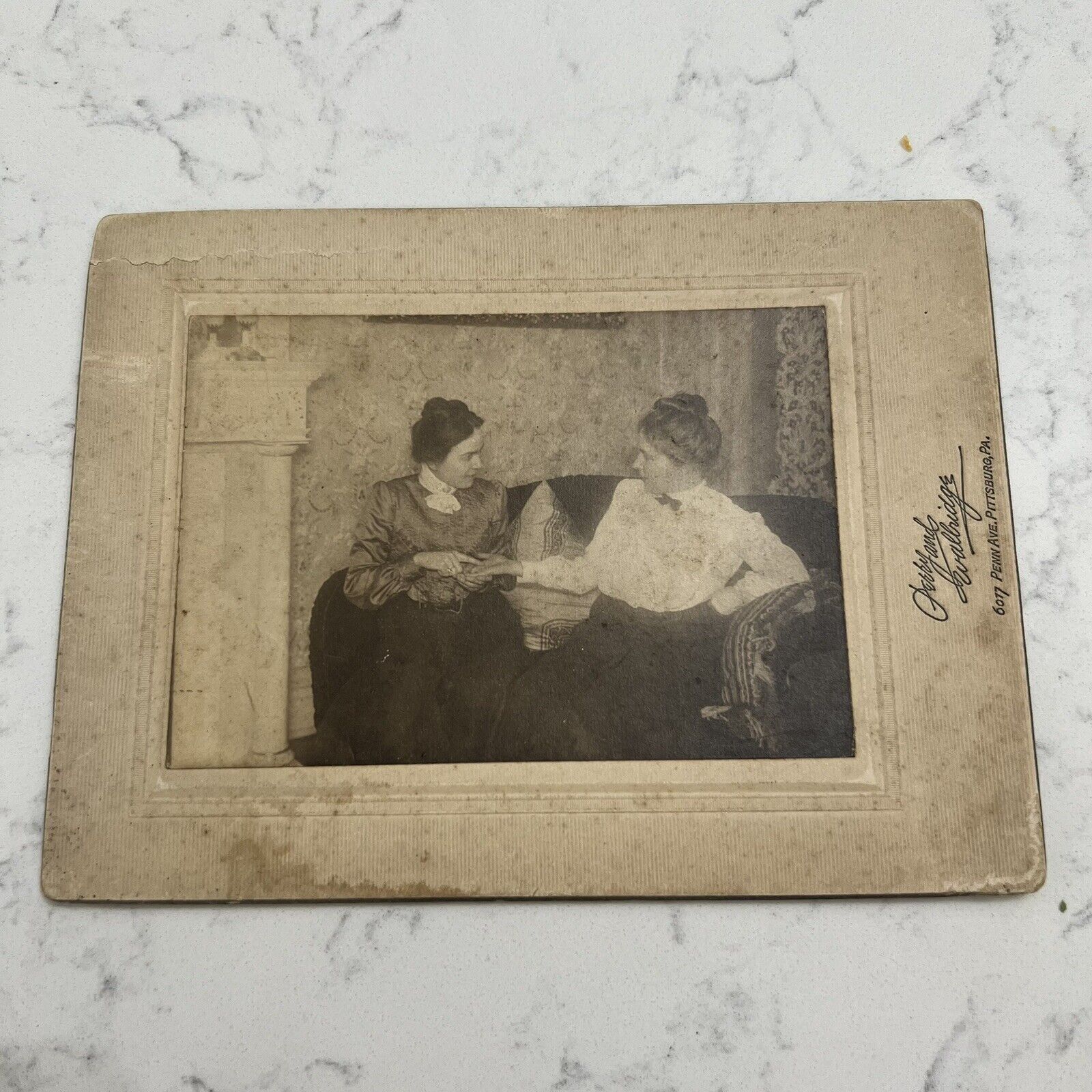 Antique Cabinet Photo 1900s Two Women Palm Reading Ghost Image Reverse Occult