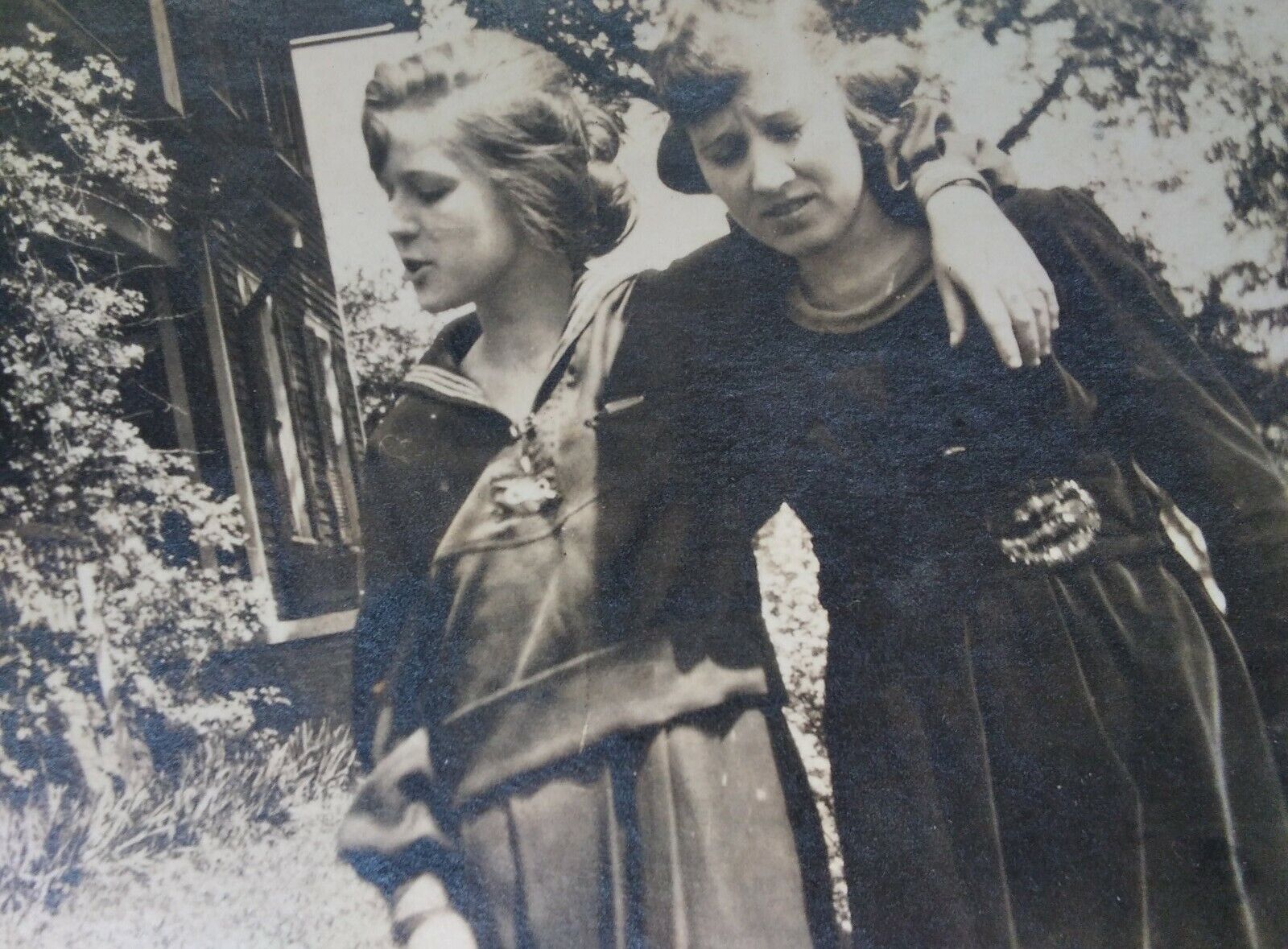 Pretty Girls Stroll Antique Photo VTG Early 1900s Bad Smell? Hair Style Dress