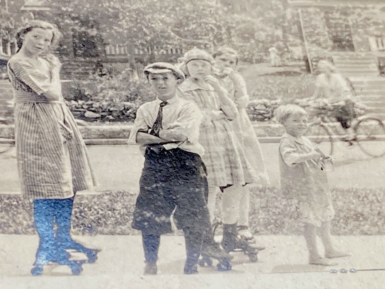 Early 1900s Kids Playing Outside By Street Roller Skates ANTIQUE Photograph