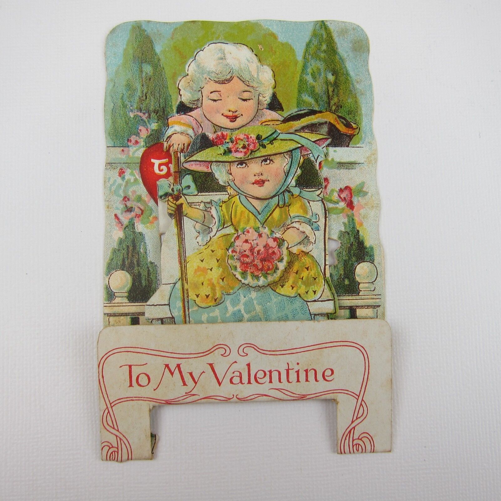 Vintage Valentine 3D Pop Up Die Cut Boy & Girl 1700s Wigs & Dress Pink Flowers