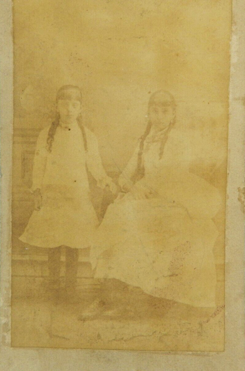 Two Young Girls with Ponytails in Dresses Portrait - c.1900s Cabinet Card
