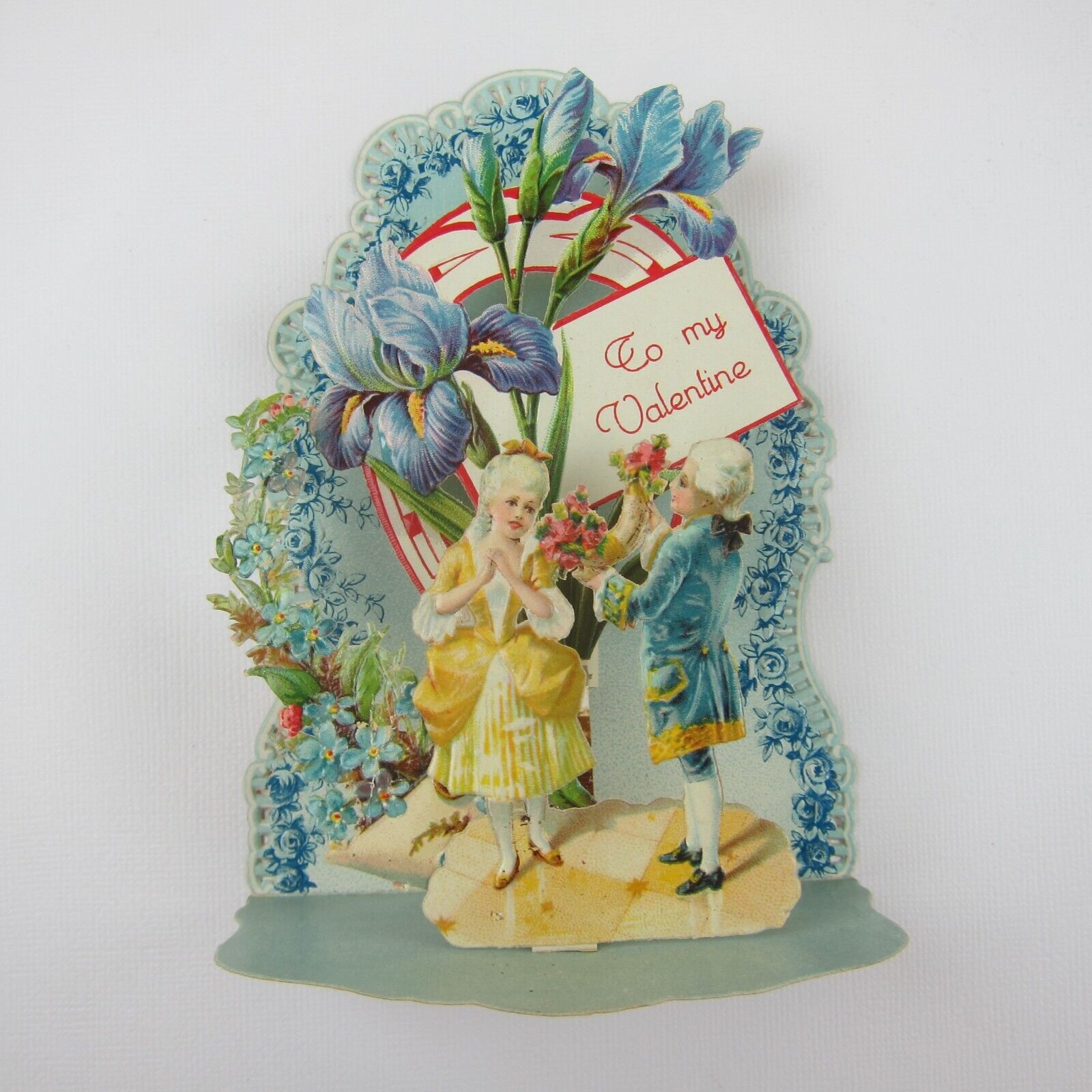 Vintage Valentine 3D Pop Up Die Cut Boy & Girl 1700s Wigs & Dress Blue Flowers