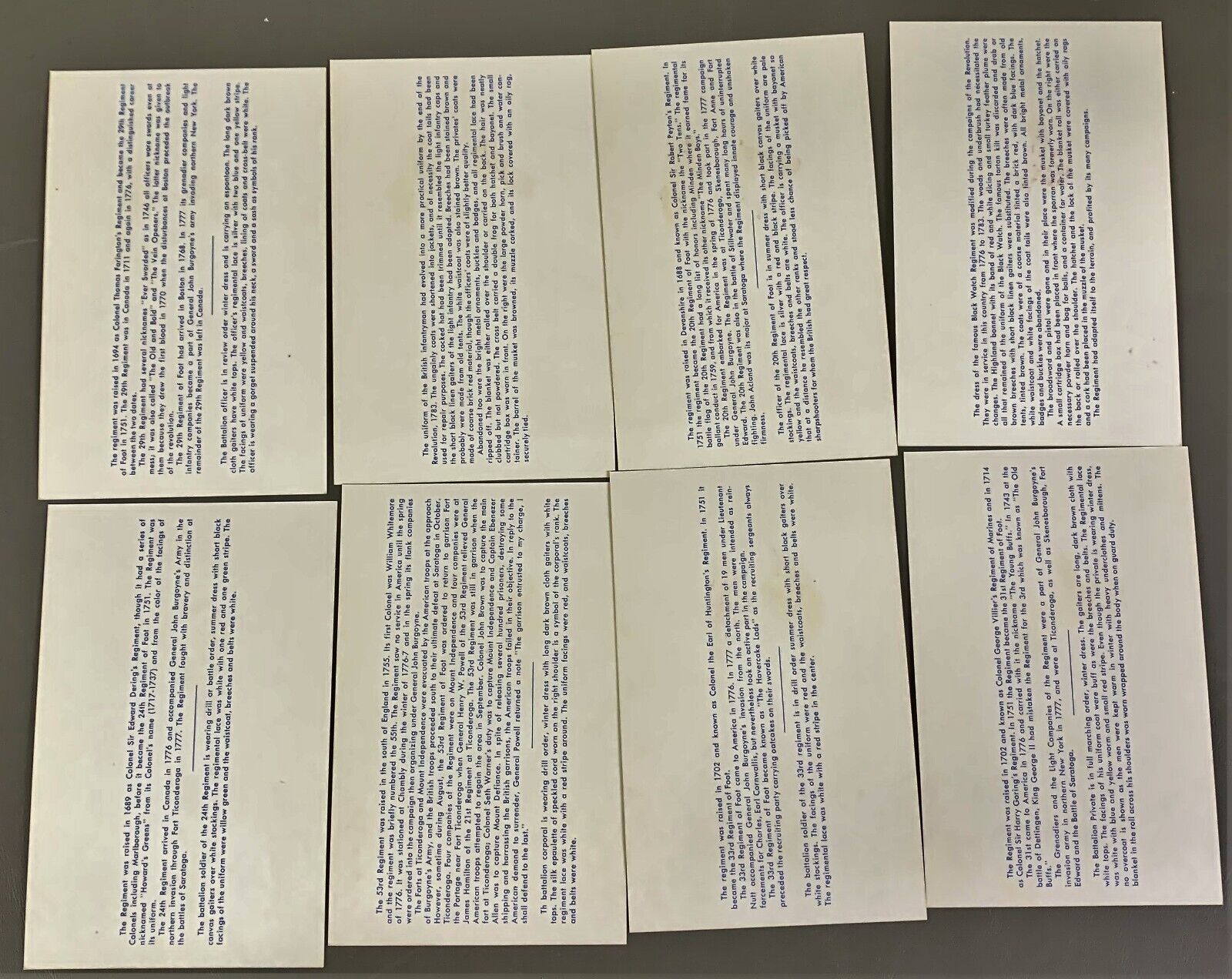 # T3759  BRITISH  MILITARY INFORMATION CARD  LOT,  8  DIF. CARDS (early 1700'S )