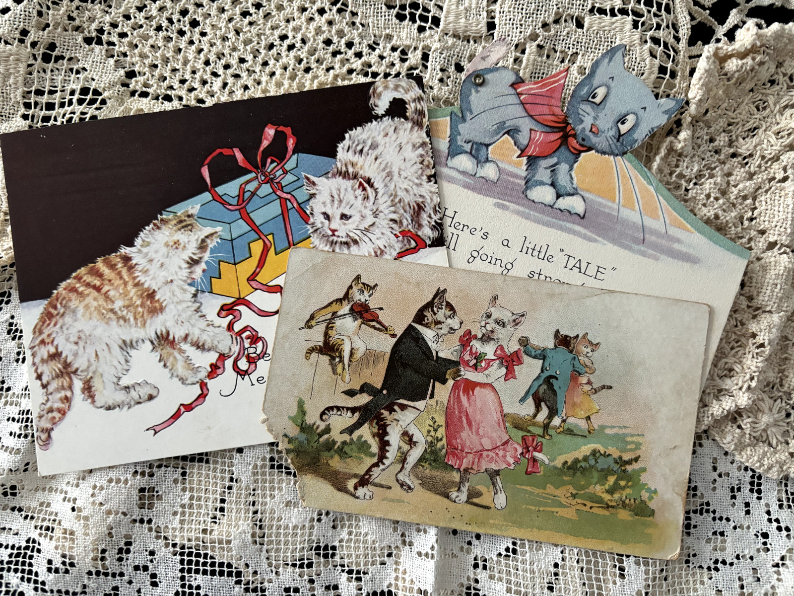 CATS Kitten 1800s Antique Victorian Die Cut Greeting Card Scrap Lot 3 Christmas