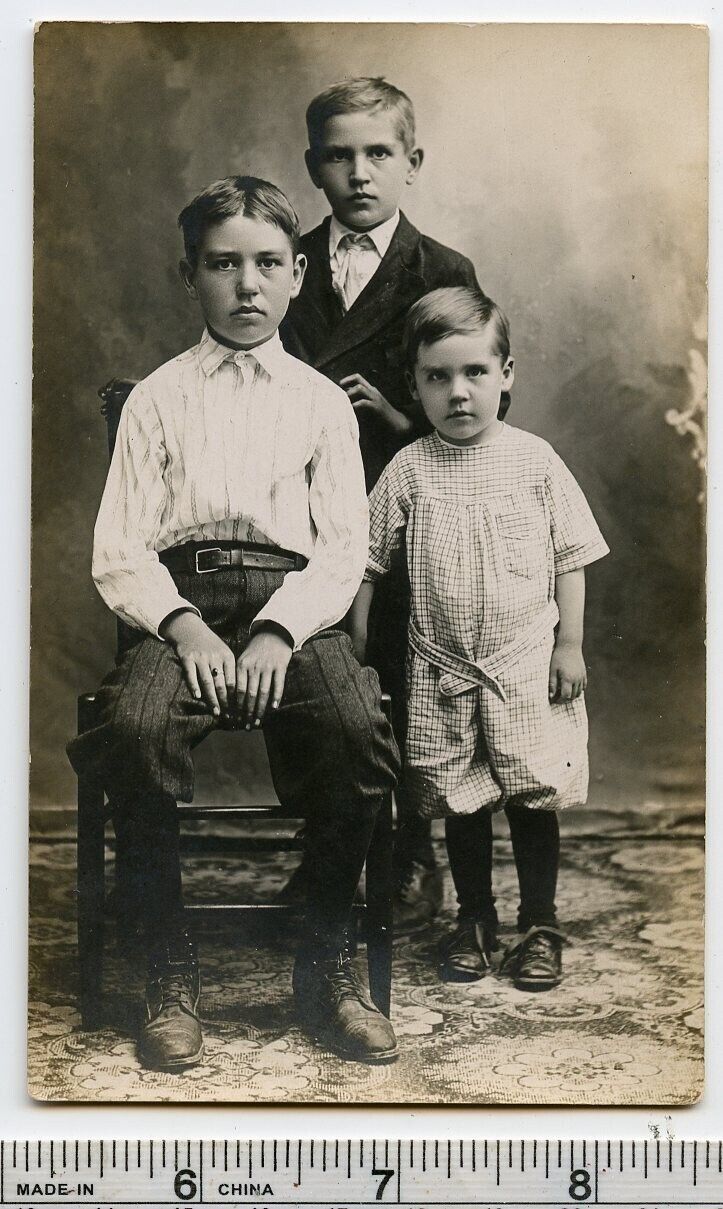 BT61 Original Vtg Photo THREE CHILDREN RPPC c Early 1900's