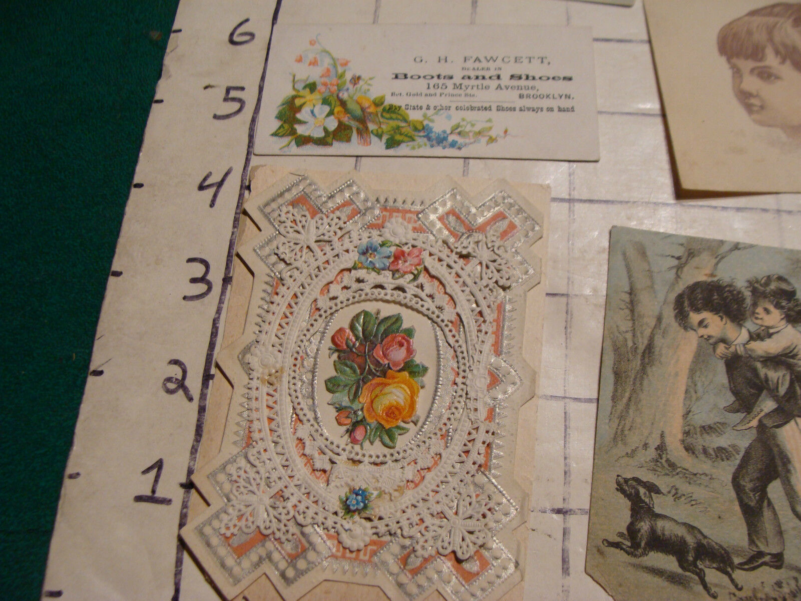 12 vintage 1800's misc papers, faces, trade cards, figures, card neat