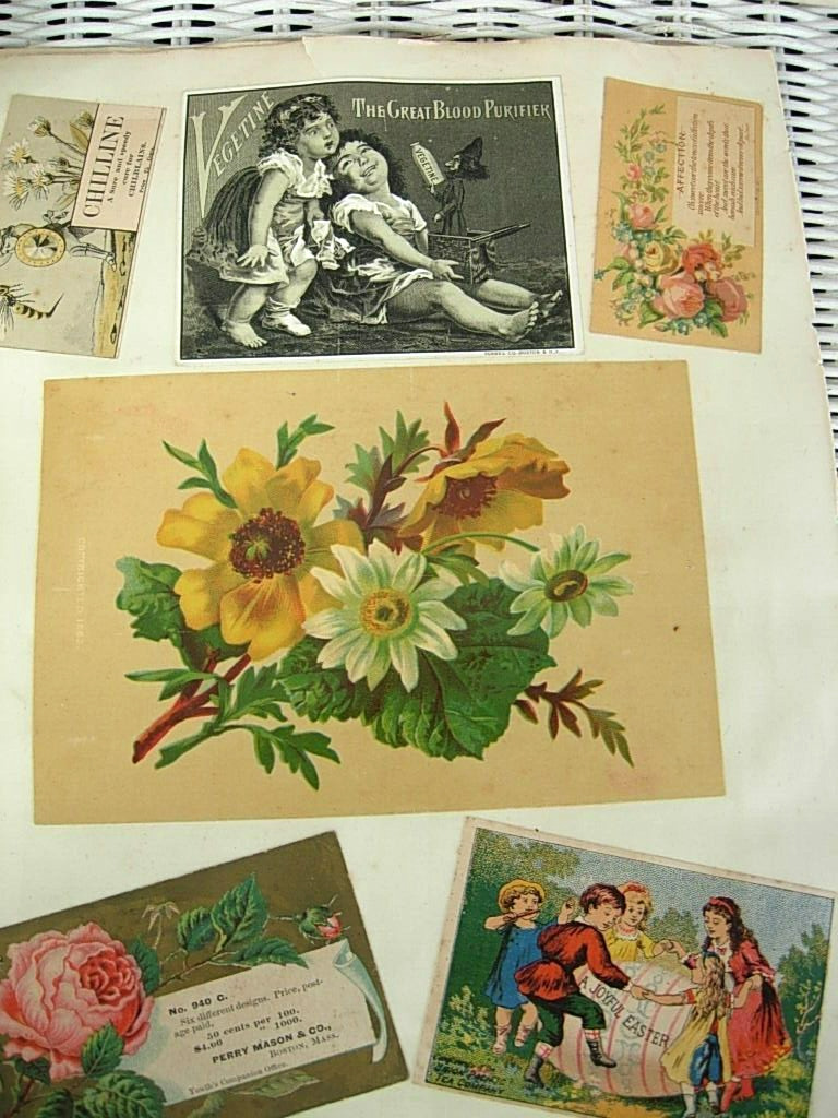 Trade Cards on Victorian Scrapbook 1800s Four Album Pages, Calling Cards