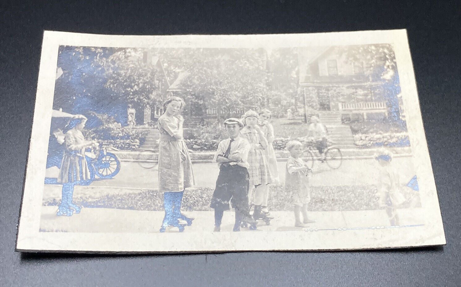 Early 1900s Kids Playing Outside By Street Roller Skates ANTIQUE Photograph