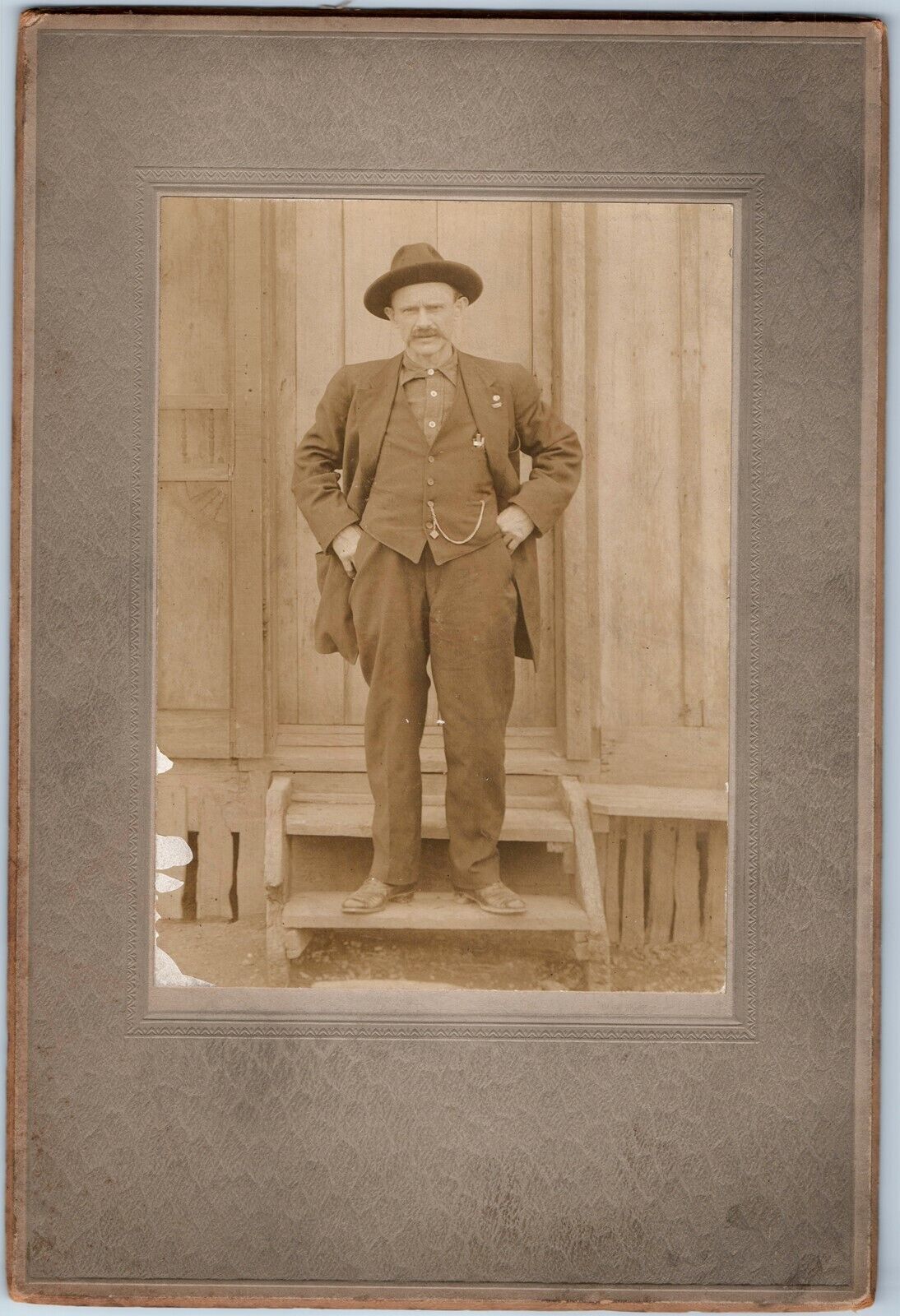 c1900s Outdoor House Dapper Gentleman Man Large Cabinet Card Photo Wood Porch 5G