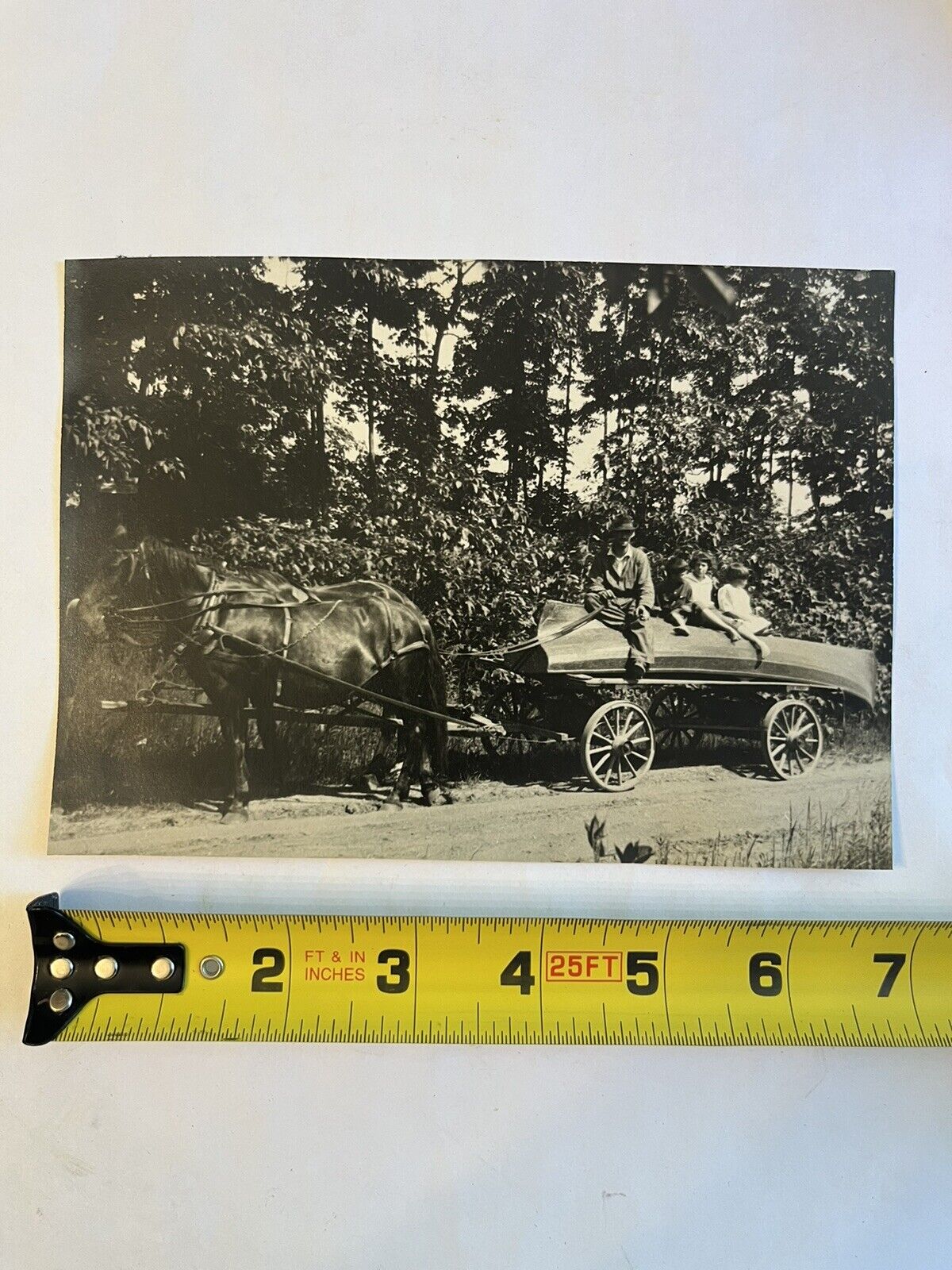 RARE 1900s COOL PHOTO of PEOPLE on BOAT BEING TOWED on WAGON PULLED BY HORSES 👀