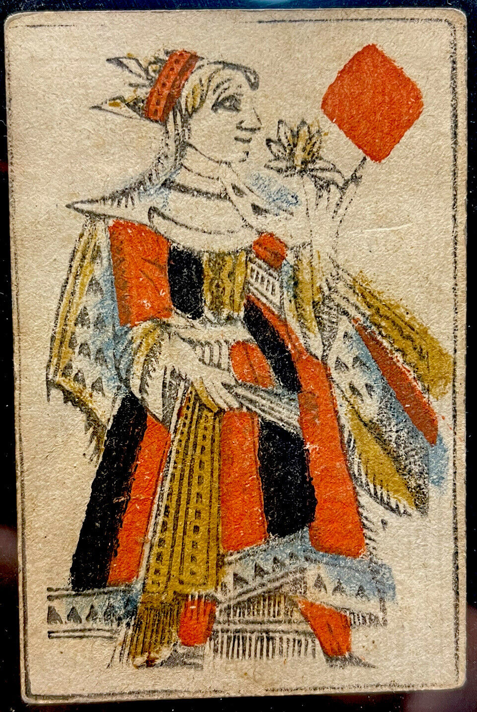 XVIII Century Queen Court Antique Playing Cards Historic Woodblock Rare Single