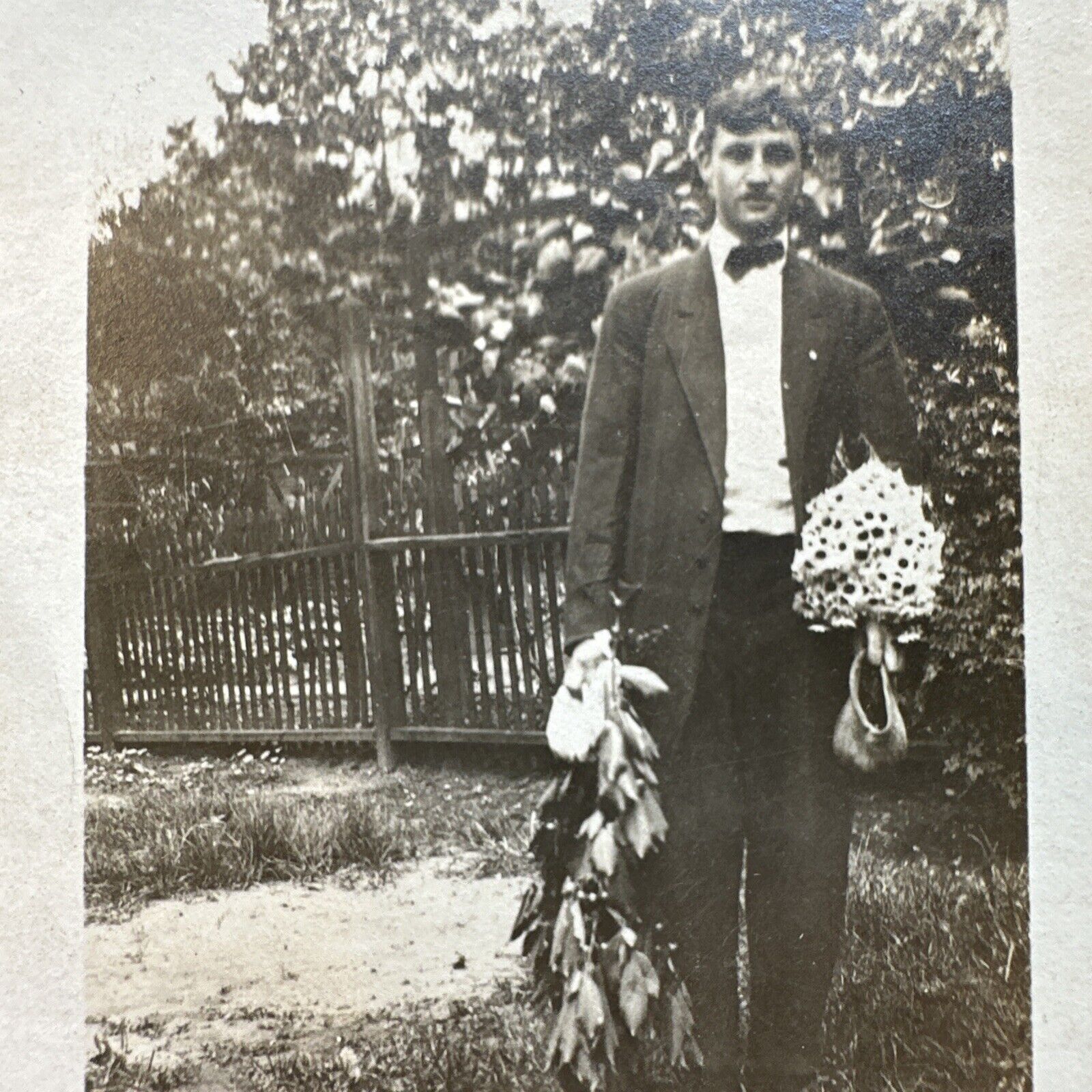 VINTAGE PHOTO Romantic Young Man With Armful Of Flowers Early 1900s ORIGINAL