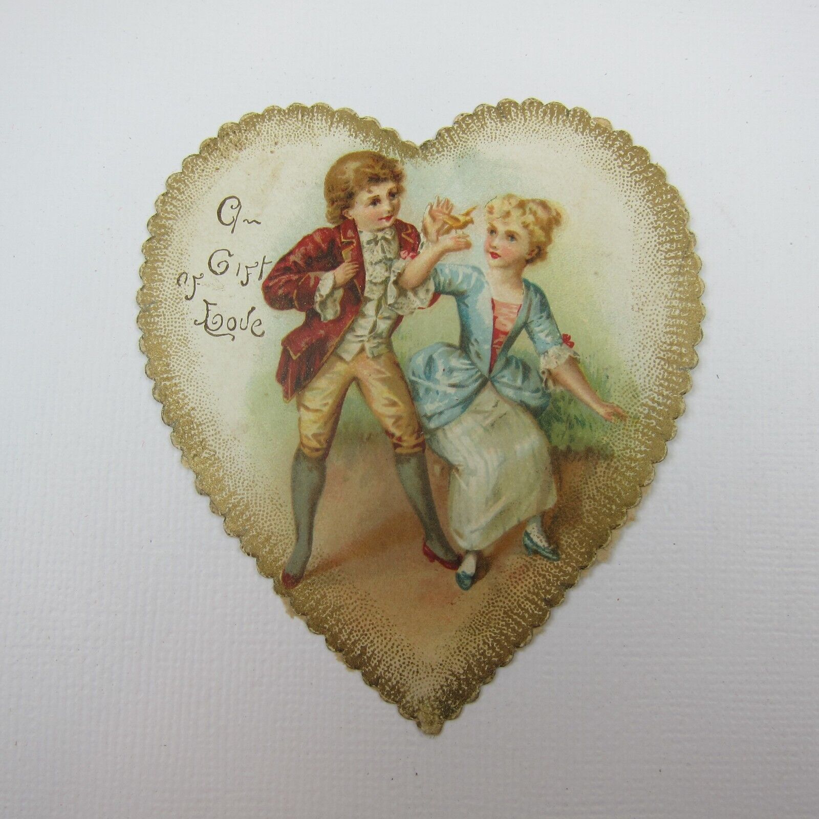 Valentine Card Heart Ephemera Boy Girl Antique 1700s Fashion Red Coat Blue Dress