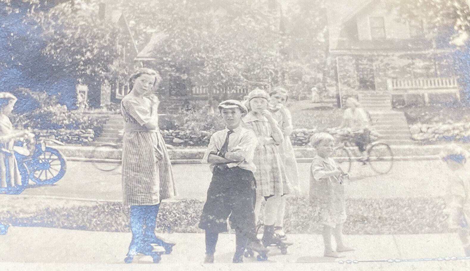 Early 1900s Kids Playing Outside By Street Roller Skates ANTIQUE Photograph