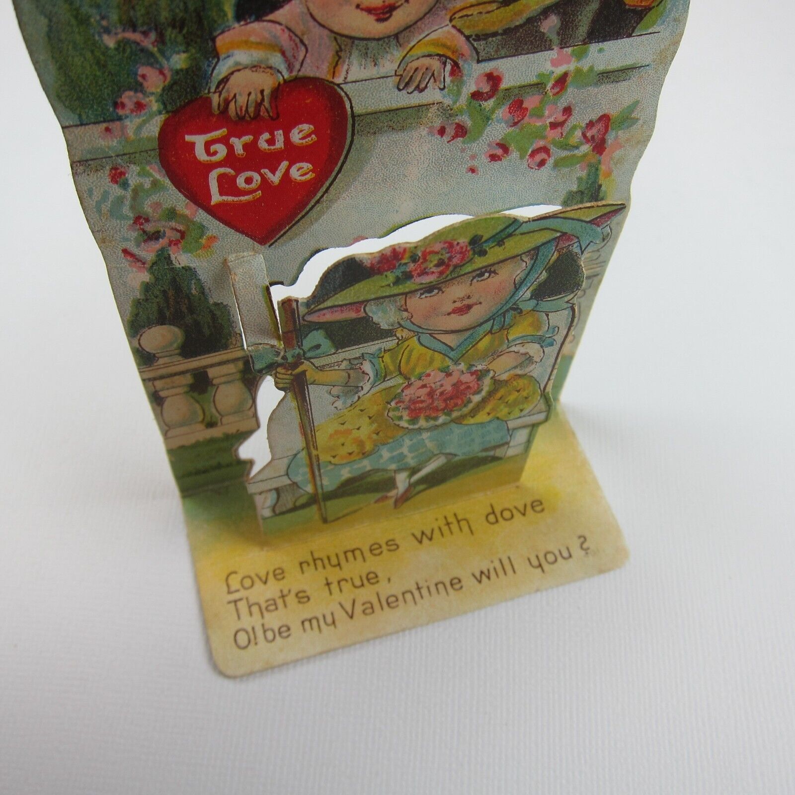 Vintage Valentine 3D Pop Up Die Cut Boy & Girl 1700s Wigs & Dress Pink Flowers